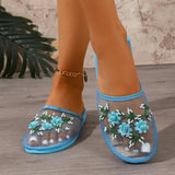 Womens Slippers Summer Mesh Breathable Shoes Flats Closed Toe Embroider Soft Bottom Chaussures
