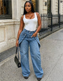 European and American style casual jeans street fashion staggered button design straight leg