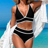 S - XL Sexy V Neck Printed High Waist Bikini Female Swimsuit Women Swimwear Two-pieces Bikini Set Bather Bathing Suit Swim V6997