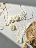 Sexy 3D Flower Patchwork Swimwear Thong Bikini 2024 Women Lace-up Swimsuit Halter Drawstring Swimming Bathing Suit Biquini Mujer