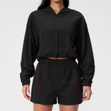 Summer Sun Protection Yoga Suit Women Contrasting Colors Long Sleeve Hoodies Top High Waist Shorts Running Fitness Athletic Wear