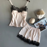 Women Summer Sleepwear Sexy Lace Satin Pajama Sets Lingerie Nightwear Sleeveless Tops+Shorts 2 Pcs Sets Loungewear
