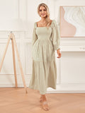 Women Spring Fall Long Dress Long Sleeve Dress Square Neck Embroidery Flower Loose Swing Dress Wit Pocket