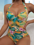 New Printed Conservative One-Piece Halter Neck Swimsuit Sexy Hard Bag Fashionable Holiday Beachwear High Waist Tie-Back Style