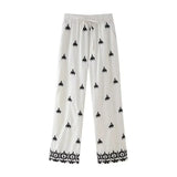 Foridol Geometric Pattern Embroidery Long Pants Women Wide Leg Beige Casual Summer Pants Elastic Waist Drawstring Pants 2025