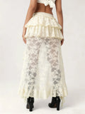 Summer Women Flower Lace Long Skirt Elastic High Waist Layered Ruffle Irregular Skirt Streetwear