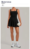 Naked Fake Two Piece Tennis Dresses with Pocket Bottom Women Back Hollow Out Pleate Skirts Outwear Square Collar Golf Yoga Dress