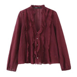 2026 Spring New Women Elegant Loose V Neck Wave Trim Polka Dot Blouse Thin Long Sleeve Top
