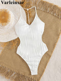 S - XL Sexy Pearls Wrinkled V Neck Women Swimwear One Piece Swimsuit Female Backless High Cut Leg Bather Bathing Suit Swim V7720