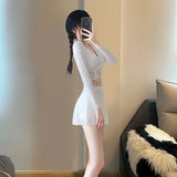 Split Swimsuit Women's Two-piece Solid Color Skirt Style Fairy Style Long Sleeved Sunscreen Sports Flat Pants Swimsuit