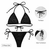 Women Bikini Set 2pcs Black Halter Triangle Swimsuit, Tie Side V Shape Bottom, Solid Color Beach Vacation Swimwear