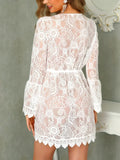 Boho Crochet White Lace Dress Knitted V-neck Scallop Trim Beach Sundress Tunic Pareos Women Bikinis Cover Ups Robe Beachwear