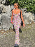 Lace Decoration Pink Floral Maxi Long Sundress Women's Dress 2025 Spaghetti Strap V Neck Smocked Boho Straight Boho Dress