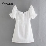 Foridol White Lace Summer Dress for Women Flower Embriodery Cotton Mini Dress Puff Sleeve Lace Up Ruffles Short Beach Dress