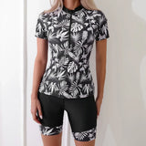 2026 Summer New Women Two-Piece Surfing Suit,fashion Leaf Print Conservative Tankini,Short-sleeve Zipper Swimsuit,beach Swimwear