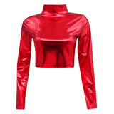 Women Metallic Long Sleeve Crop Tops Shiny Stretch Mock Neck T Shirt Dance Clubwear Ladies Slim Fit Blouses Gold Silver Costumes