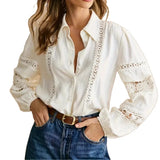 2026 New Elegant Lace Patchwork Long Sleeve Blouse Women Hollow Out Lace Trim Office Lady Commute Casual Shirt Top