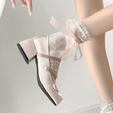Lolita Cross Strap Pink Round Toe Shoes Ladies Sweet Butterfly Knot Med Heels Mary Janes Shoes Women Fashion Party Shoes Mujer