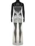 FDYOUI Sexy Lace Patchwork Mesh Long Dress Women Spaghetti Strap See-through Evening Party Dresses White Black Night Club Outfit