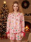 Women 2 Piece Christmas Pajama Set Santa Print Long Sleeve Button-up Tops and Elastic Waist Shorts Satin Fall Sleepwear