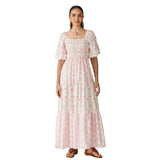 Women Summer Long Dress Floral Print Square Neck Short Sleeve Fashion Casual Bohemian Holiday Beach Dresses