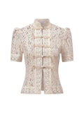 Summer Women's Retro Shirts Sheer Lace Blouse Elegant Stylish Button Down Short Sleeve Tops Casual Sexy