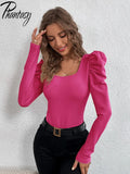 Phantasy New Y2k Tops Fashion Square Collar Slim Leg Sleeve Knitted Bubble Long Sleeve T-shirt Casual Style Vintage Clothing