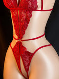 Crotchless Red Sexy Lingerie Women Lace Hollow Bra Set Erotic Costumes Teddy Baby Doll Dress Deep V Open Bra Sexiest Bodysuits