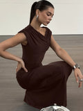FDYOUI Woman Clothes Diagonal Collar Ruched Brown Long Dresses 2026 Summer Lady Chic One Shoulder Sleeveless Tunics Party Dress