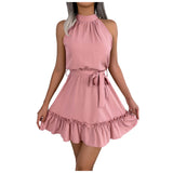 Elegant Halter Mini Dress For Women Solid Color Off Shoulder Sleeveless A Line Summer Dress Tie Waist Ruffled Hem Office Dresses