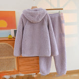 Korean New Women Warm Coral Fleece Pajamas Set Autumn Winter Sleepwear 2 Pieces Home Suit Casual Hooded Pajamas Night Wear