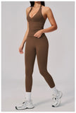 Summer Seamless Yoga Sets Women V Neck Slim Sports Tank Top Fitness Suit Peach Hip High Elasticity Leggings Running Tracksuit