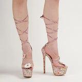 New Design Sunflower Jelly PVC Women Platform Sandals Fashion Leaf Lace Up 16CM Super High Heels Banquet Dress Shoes Pink