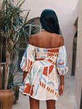 Women Vintage Print Patchwork Mini Dress Summer Sexy Fashion Elegant Short Sleeve Bodycon Off Shoulder Backless Party Dresses