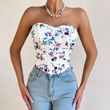 Summer Women Floral Y2K Crop Tops Printed Sleeveless Fishbone Corset Woman Sexy Backless Slim Strapless Streetwear Camisole
