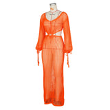 DEKA New Sexy Knit Mesh Cut Out Deep V Neck Long-sleeve Lace-up Fringe Tunic Summer Women Swimsuit Cover-ups Beach Maxi Dress