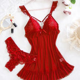 2026 New Red Sexy Lingerie Set Women Deep V Slip Dress Thong Erotic Bra Panty Sets Lace Nightdress Soft Nightgown wedding Pijama
