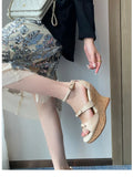Women’s Sandals Cowhide Shoes Thick Platform Heel Sandals Elegant Lady Summer Apricot High Heel Peep Toe Buckle Sandals