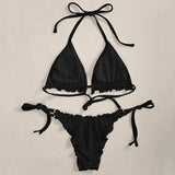 Ribbed Ruffled Frilled Brazilian Bikini Women Swimsuit Female Swimwear Two Pieces Bikini Set Halter String Bathing Suit Swim