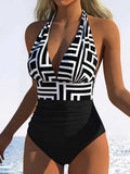 Vintage Black Plaid Patchwork Swimwear Women 2026 V Neck Pleate Tummy Control One Piece Swimsuit Beach Bathing Suit Monokini XXL