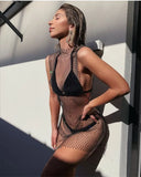 12 Colors New Sexy Mesh Diamond Crystal Turtleneck Dress Swimsuit Bikini Cover Up Nightclub Beach Cover Ups for Swimwear Women