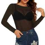 Sexy Women T Shirt See Through Transparent Mesh Tees Long Sleeve Sheer Slim Ladies Solid Round Neck Skinny T-Shirt Lace Crop Top