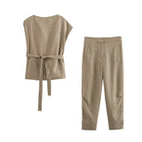 Foridol Irregular Sleeve Top+pants Set Women Summer Elegant Office Casual Matching Set Sash Buttons Decor Brown Suit Outfits