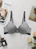 Women's Grey Bra With Letter Band Design 3/4 cup Pull Up Sexy Lingerie Solid Color All Season Brassiere R8809