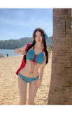 Cut Blue Plaid Patchwork Bikini Set 2026 Women Drawstring Push Up Bra Skirts Bands 4 Piece Swimsuit Beach Bathing Suit Swimwear