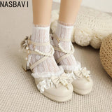 New Women Summer Leather Shoes Thick Square Heeled Sandals Marty Lolita Princess Ankle Shoes Large Size 45 46 47 48 Black White