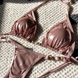 DEKA Sexy Brazilian Shiny Pearl Micro Bikini Faux Leather Swimwear Women Thong Swimsuit Halter Triangle Bikini Set Bathing Suit
