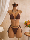 Sexy Mesh Cover Up 3 Piece Bikini Set 2026 Women White Metal Circle Push Up Bra Thong Swimwear Holiday Bathing Suit Swimsuit