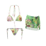 3Pcs Floral Bikini With Diamond Skirt Women Sexy Swimsuit Push Up Swimwear 2025 Bandeau Biquini Female Bathing Suit Beach Outfit