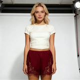 Women Summer Casual Wear Featuring Intricate Lace Detailing On Sides And Hem Mini Shorts Summer Silk Lace Shorts